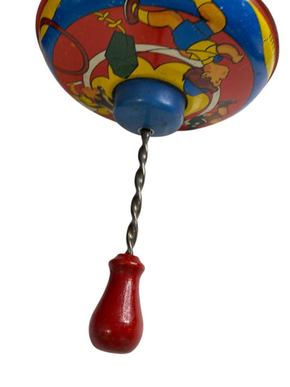 Vintage 5.5” Tin Litho Spinning Top Children Made in USA Wood Handle Works