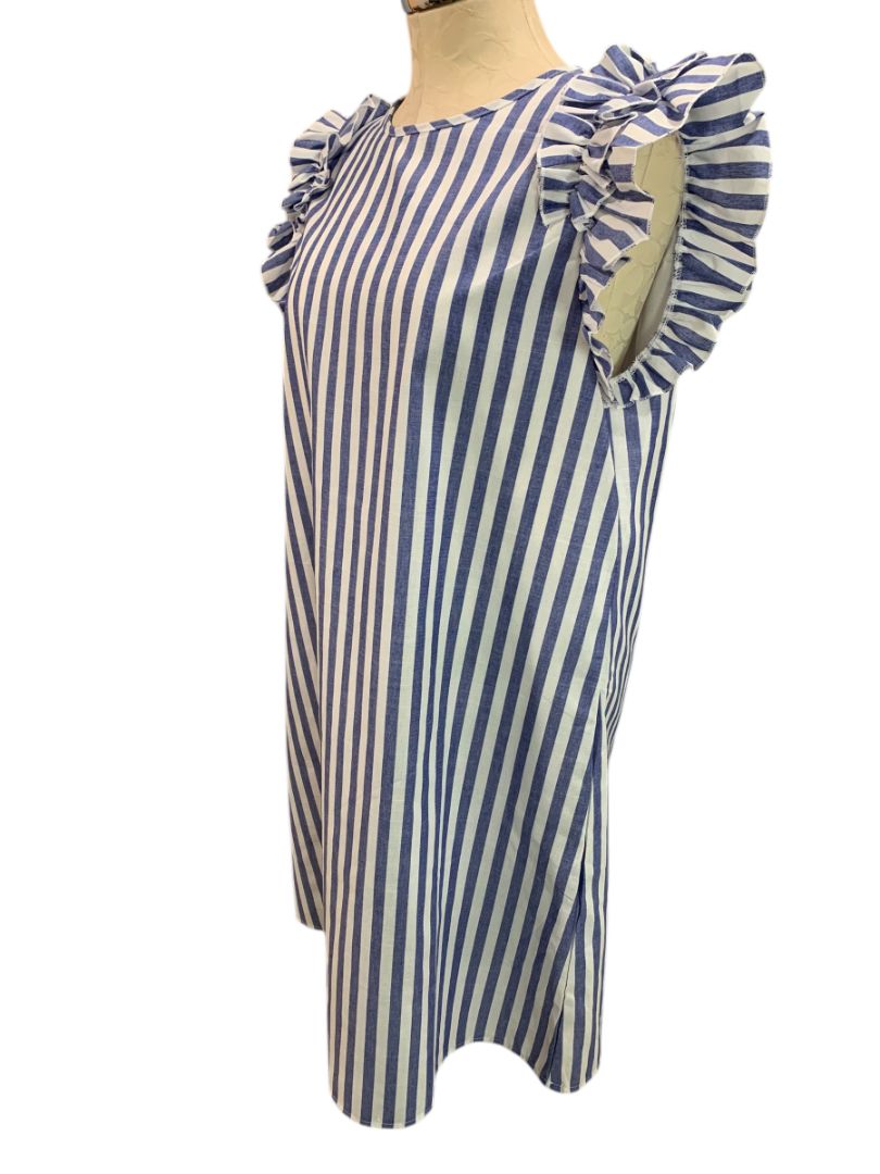 Size XL Shein Blue White Ruffle Sleeve Sheath Dress Lined Vertical Stripe