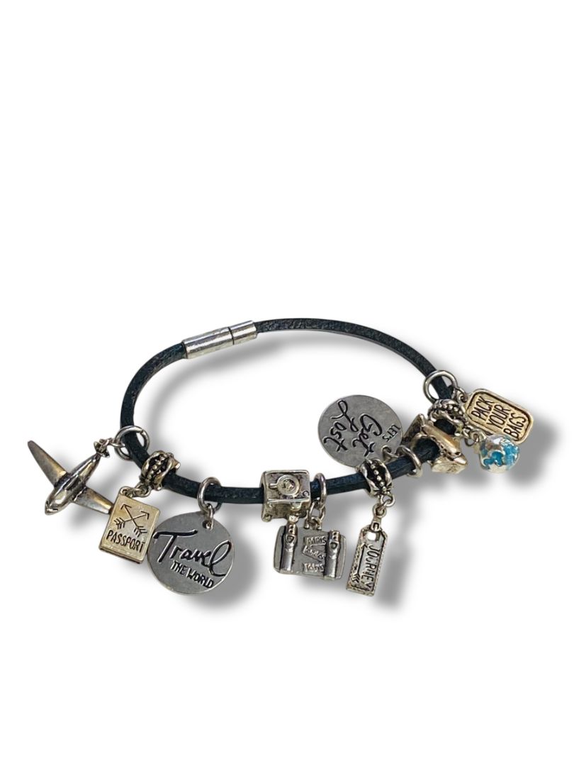 Travel Theme 10 Charm Bracelet 8" Black Leather Cord Silvertone
