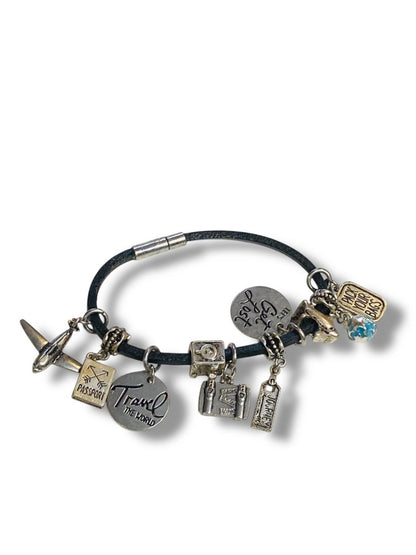 Travel Theme 10 Charm Bracelet 8" Black Leather Cord Silvertone