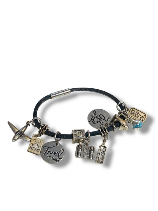 Travel Theme 10 Charm Bracelet 8" Black Leather Cord Silvertone