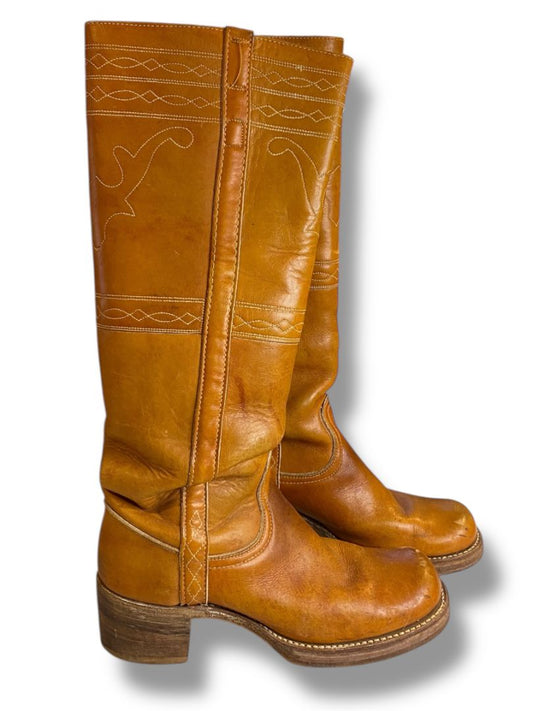 Size 7.5 Vintage Frye Campus Stitching Horse Tan Leather Womens Boots