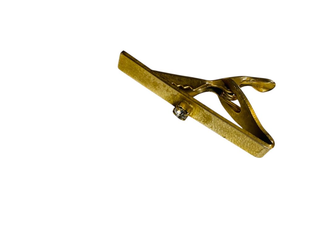 Vintage Goldtone Tie Clip Hinged Small Stone 1.5"