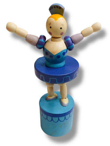 Wooden Push Puppet Collapsing Toy Ballerina Blue 4.75"