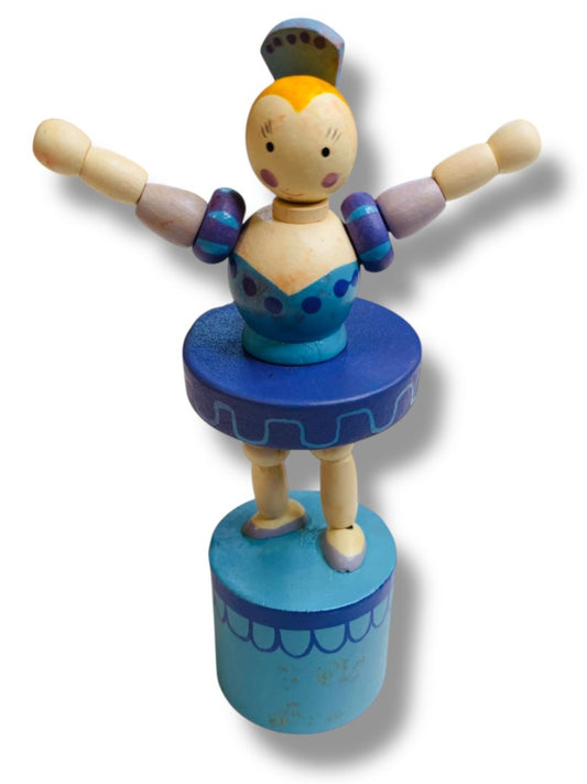 Wooden Push Puppet Collapsing Toy Ballerina Blue 4.75"