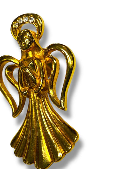 Goldtone Angel Lapel Pin Praying Rhinestone Halo 1.8"