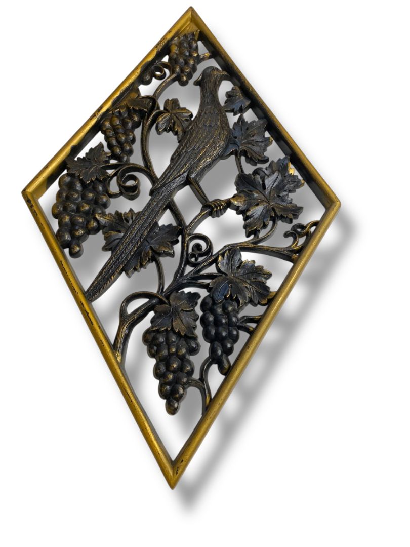 1970s Burwood Homco Wall Plaque Bird Grapes Diamond 16.75"h x 10.25"