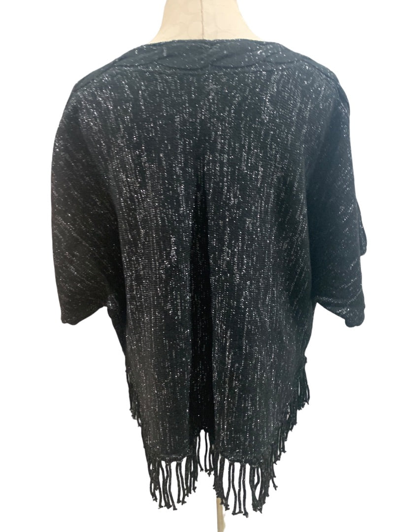 Medium NY Collection Women's Black Silver Fringed Sweater Short Raglan Sleeve