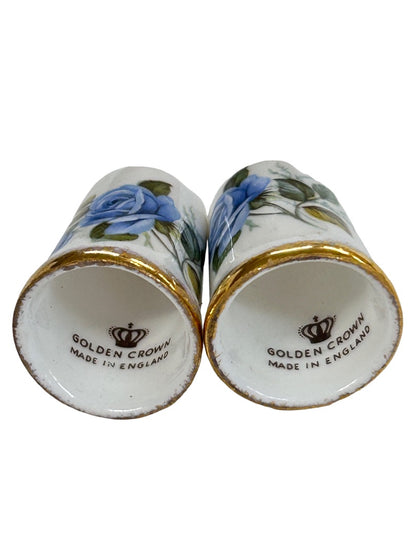 Royal Crown Porcelain Decorative Thimbles Set of 2 Blue Rose Gold Trim