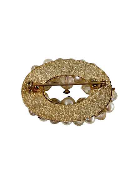Vintage Brooch Aurora Borealis Beads Faux Pearls Oval 2"