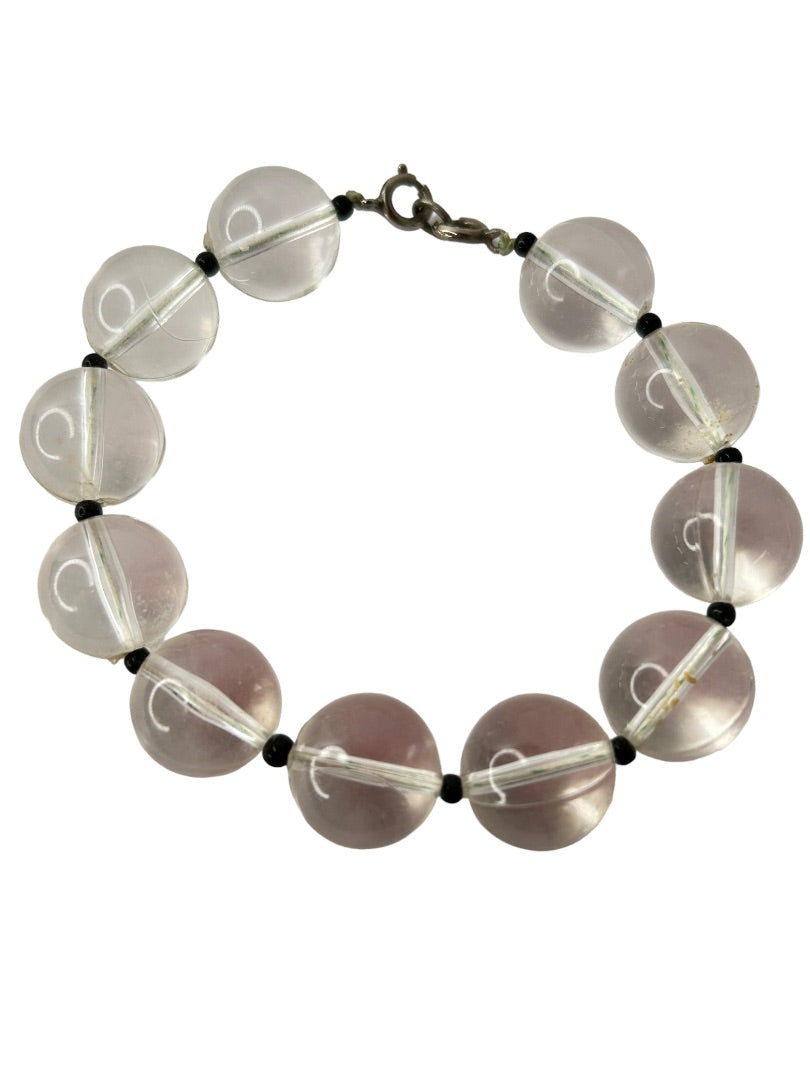 Vintage Clear Acrylic Beaded Statement Bracelet Black Spacers Retro 8.5"