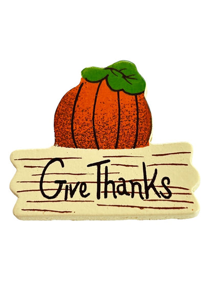 Painted Wooden Brooch Pins "Give Thanks" Pumpkin Crown Set of 2