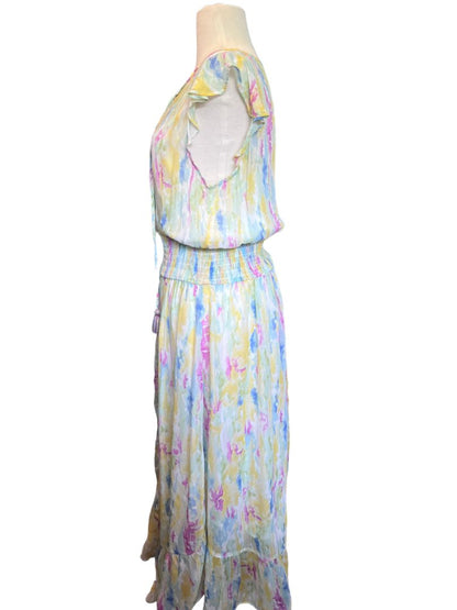 Size 8 Anthropologie Watercolor Print Spring Sleeveless Maxi Dress Lined Elastic Waist Tassle Ties