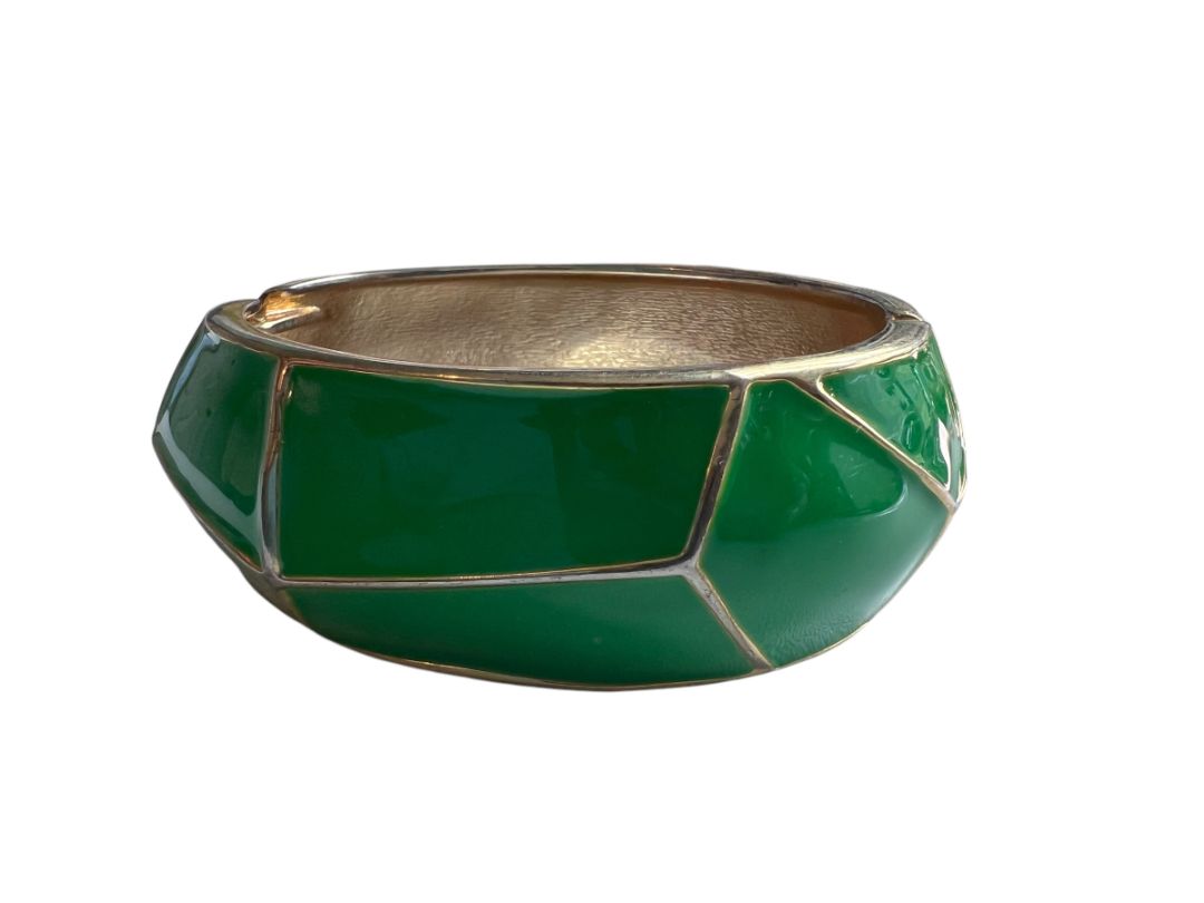 Goldtone Metal Hinged Bangle Bracelet Green Enamel Preppy