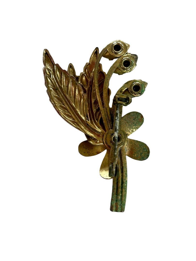 Goldtone and Green Vintage 1960s Brooch Pin Flower Leaf 1.9"