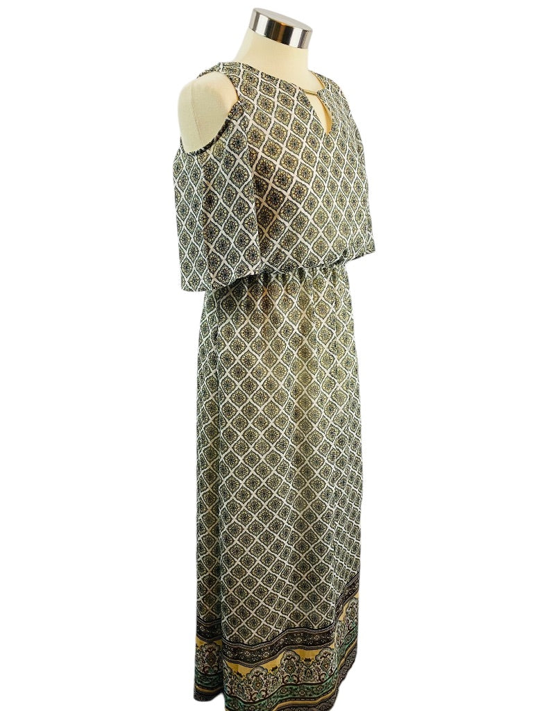 Small Petite Tacera Cold Shoulder Print Maxi Dress Elastic Waist Lined