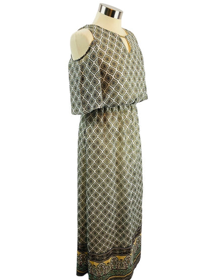 Small Petite Tacera Cold Shoulder Print Maxi Dress Elastic Waist Lined
