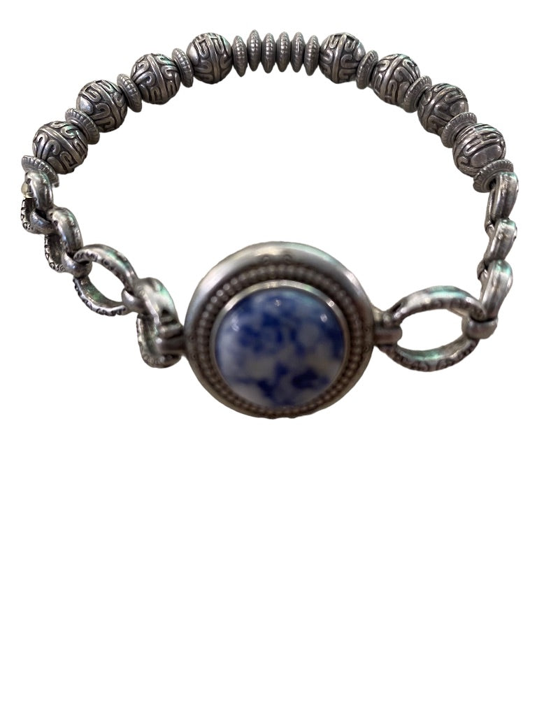 Magnabilities Silvertone Antiqued Stretch Bracelet Blue White Stone Inset Removable