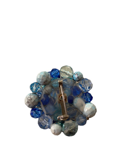 Mixed Blue Tones Beaded Cluster Brooch Statement 2.5" Diameter Pin