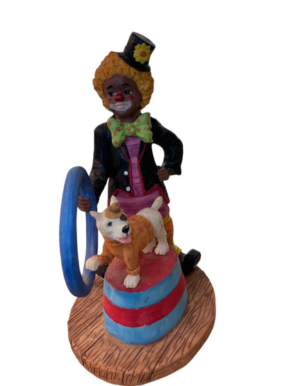 1997 Resin Clown Figurine Brown Skin Trick Dog Ring 7" Tabletop