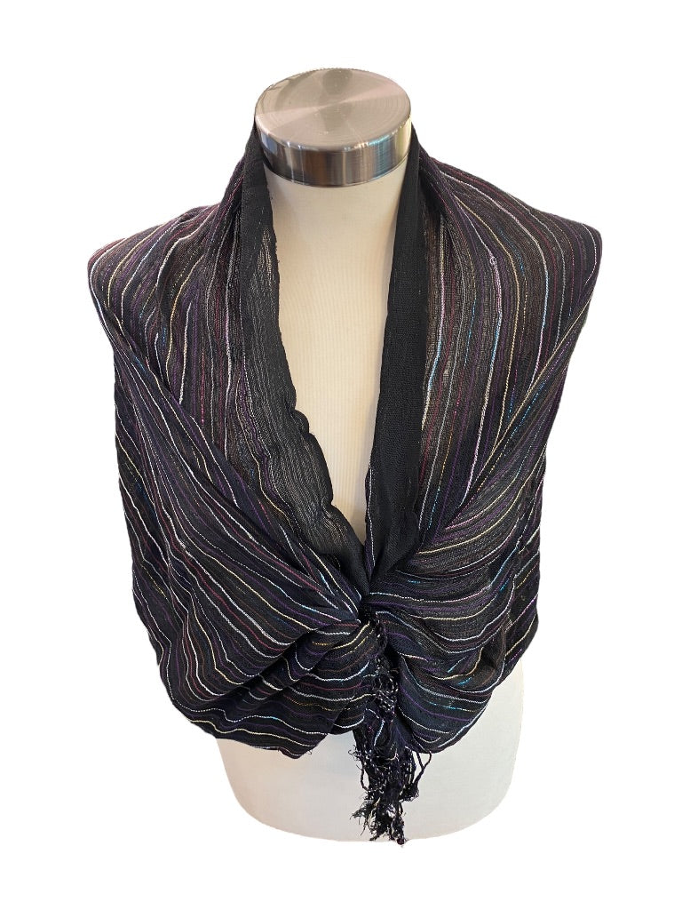 Black Lightweight Metallic Summer Scarf Fringed 58" x 24"