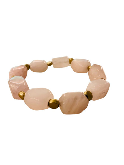 Beaded Stone and Goldtone Spacer Stretch Bracelet Blush Pink 2.5" Inside Diameter