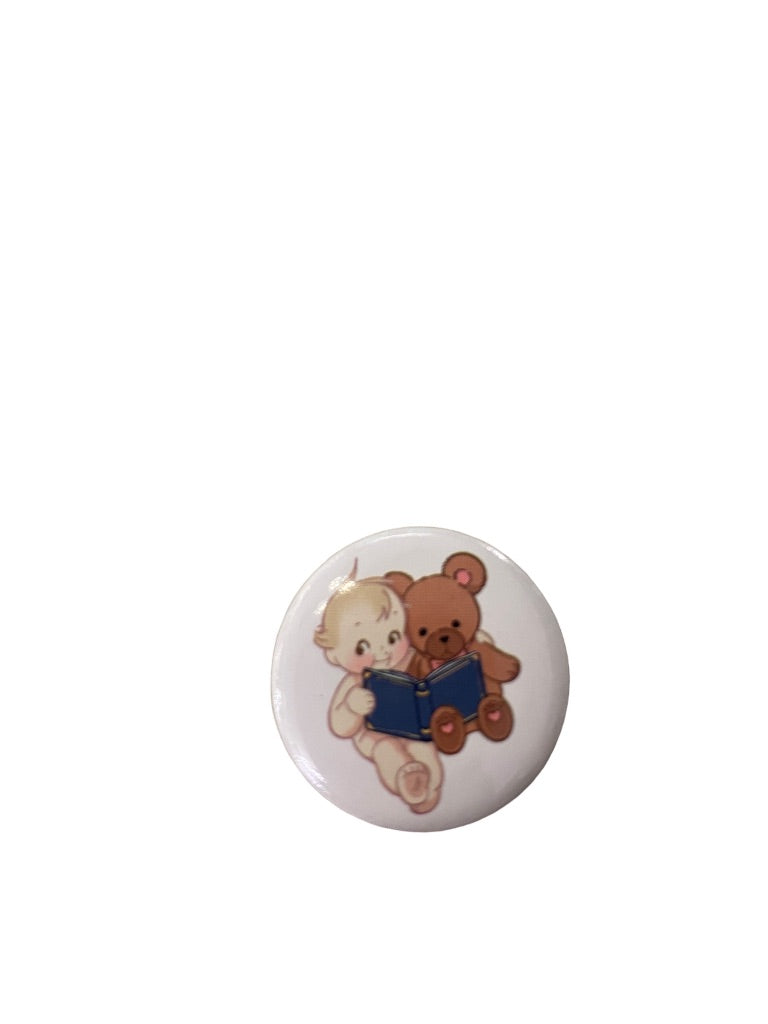 Set of 3 Vintage Pinback Buttons Small 1" Diameter Baby Reading Teddy Bear