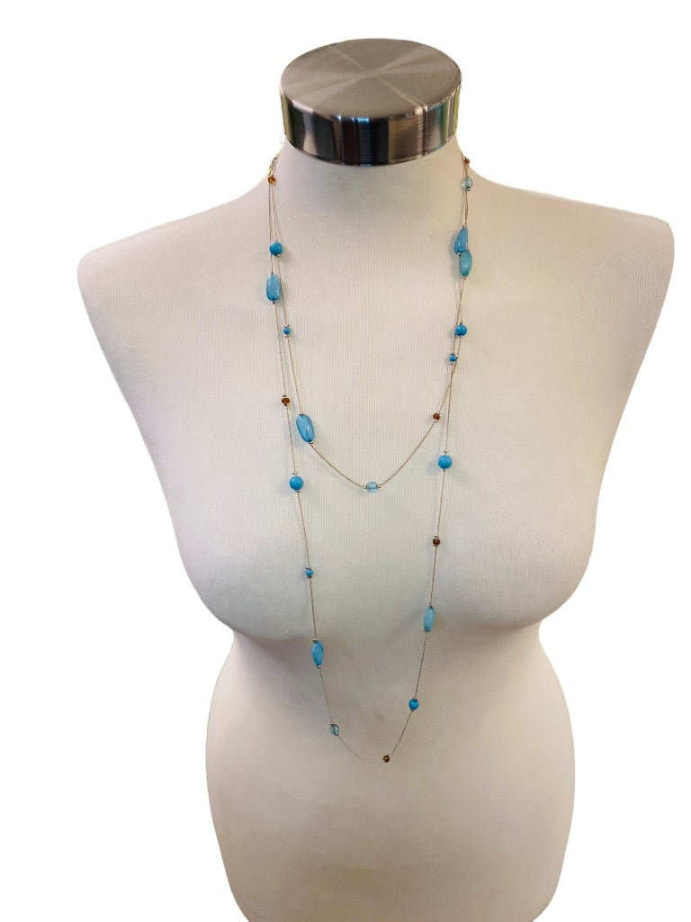 Long Strand Necklace Delicate Silvertone and Blue Acrylic Beads 60" Lobster Clasp Layered