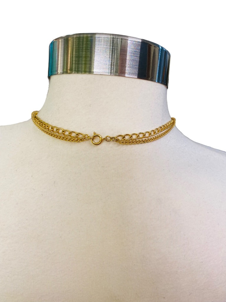 Vintage Shiny Goldtone Dual Layered Necklace Statement Pendant Spring Closure