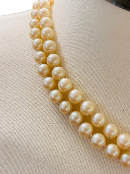 Double Strand Hand Knotted Vintage 7.7 mm Faux Pearl Dual Strand Necklace Daisy Clasp 16"