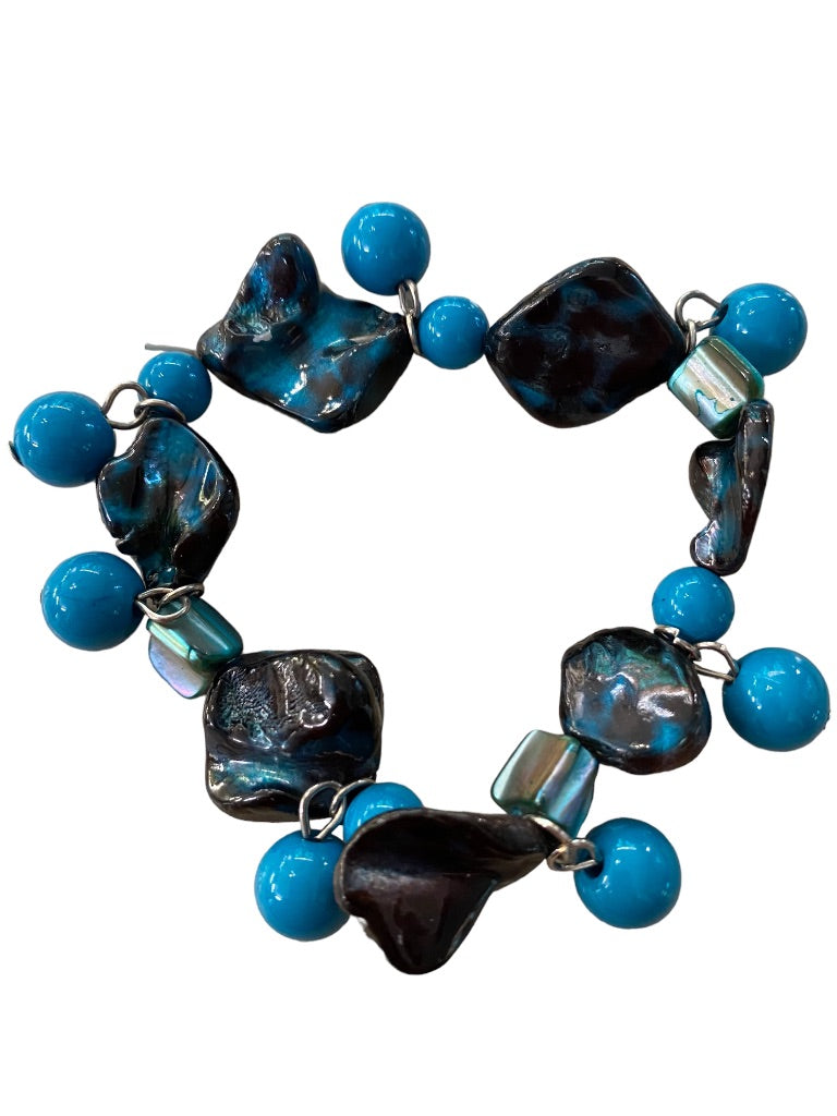 Beaded Stretch Bracelet Acrylic Funky Artsy Dangling Beads Teal Black