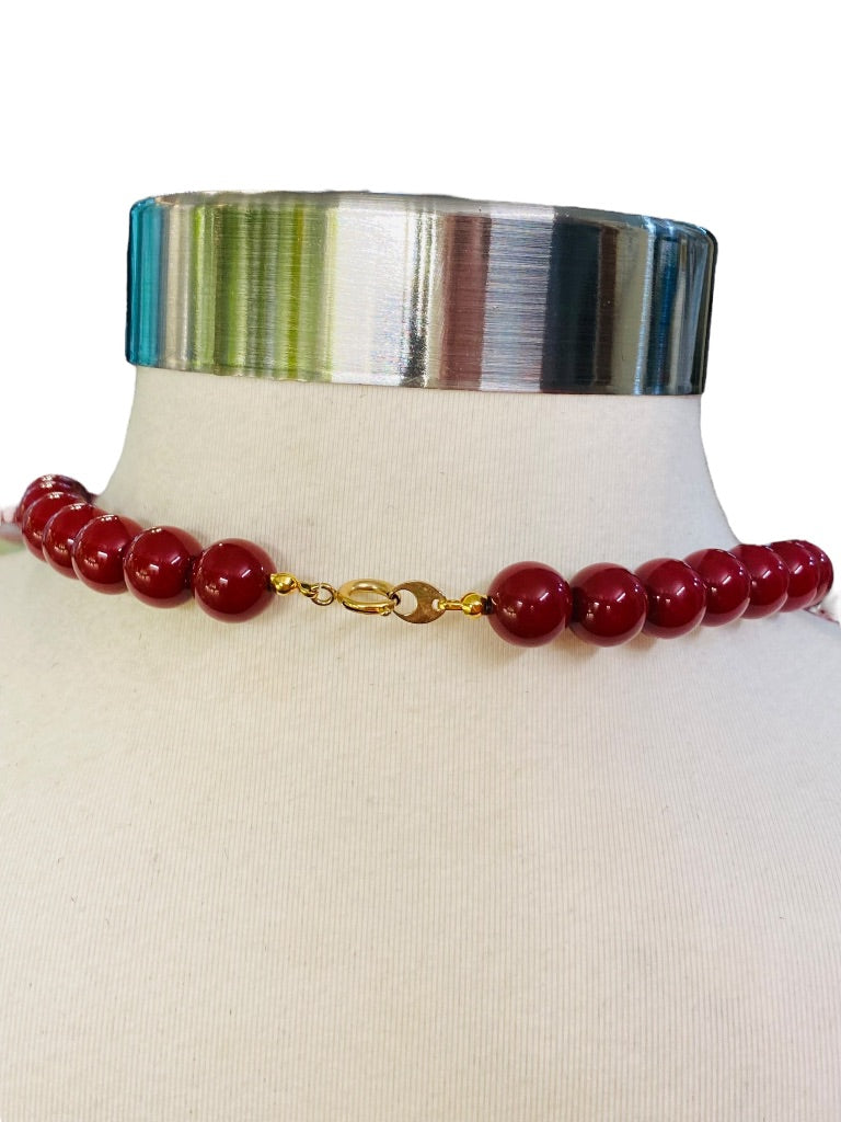 Red Burgundy Vintage 1980s Beaded Necklace Goldtone Floral Chunky 30" Spring Clasp