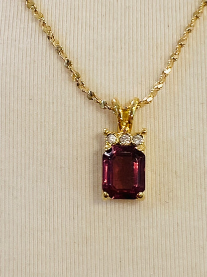 Goldtone Purple Glass Pendant 18" Necklace Clip Closure .75" Drop