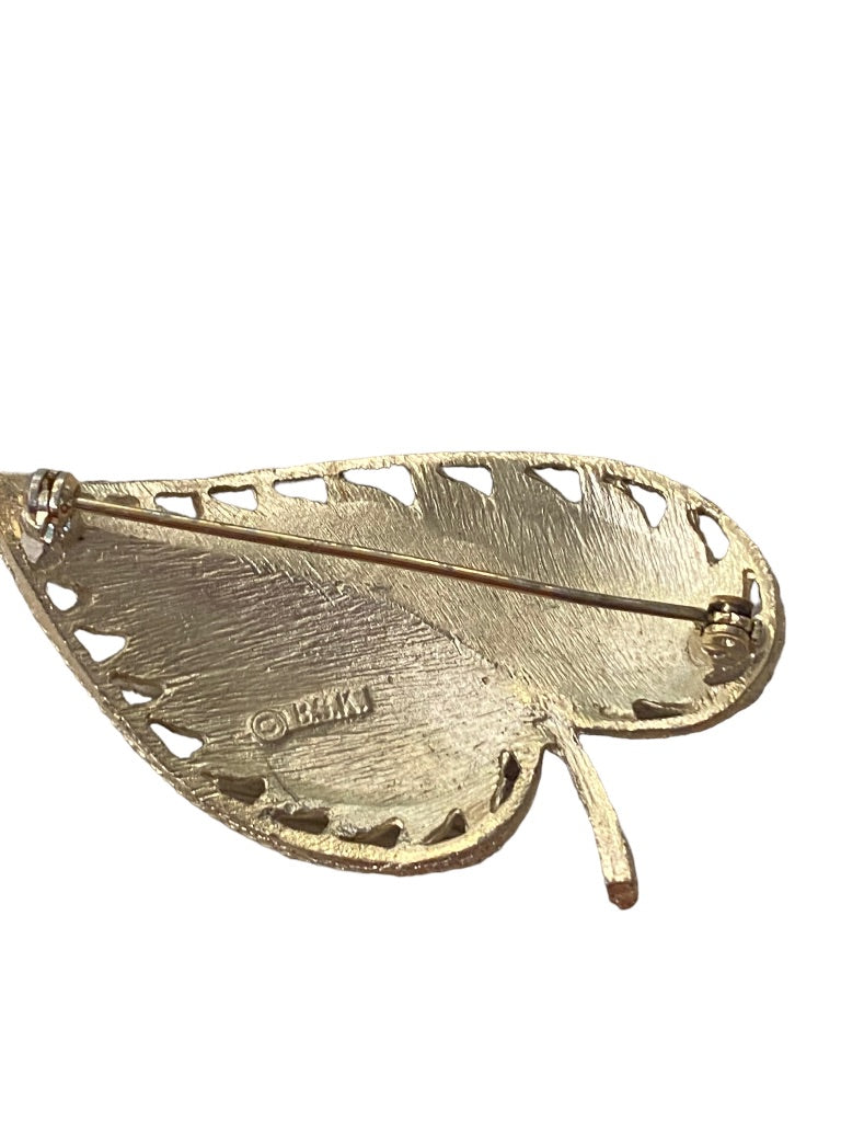 Signed BSK Goldtone Brooch Brushed Leaf Textured 2.1" Pin