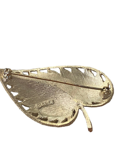 Signed BSK Goldtone Brooch Brushed Leaf Textured 2.1" Pin