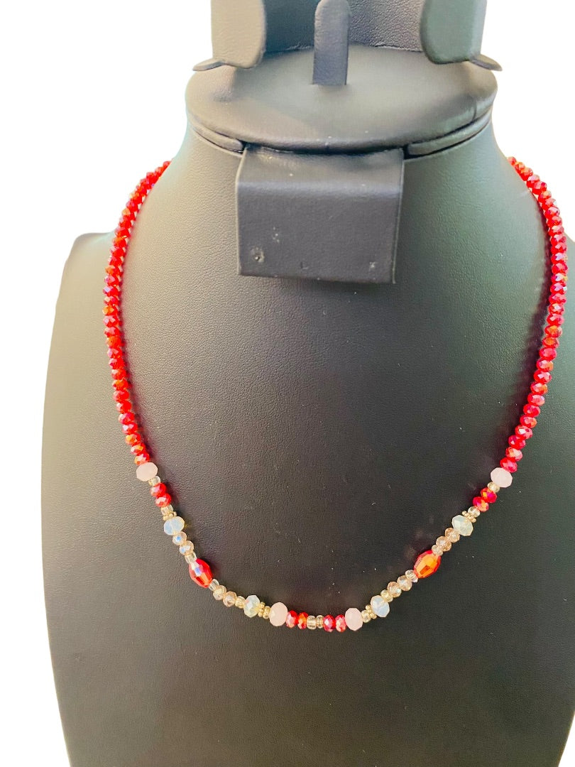 Red Crystal Beaded Necklace Clear Silvertone Necklace 18"