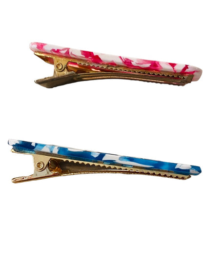 Vintage 1980s Set of 2 Hair Clips Blue Pink Barettes 2.5" Hinged