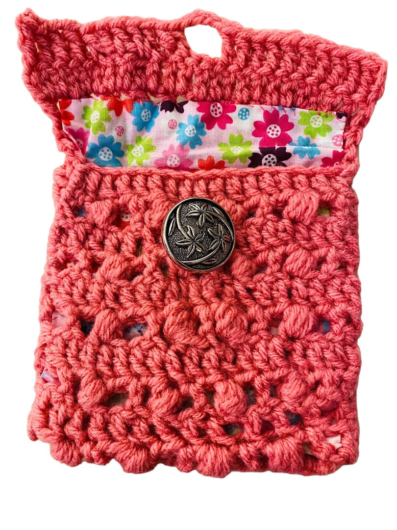 Handmade Crochet Pouch Pink Lined Floral Accessory Silvertone Button Closure 5.5"h x 5"w