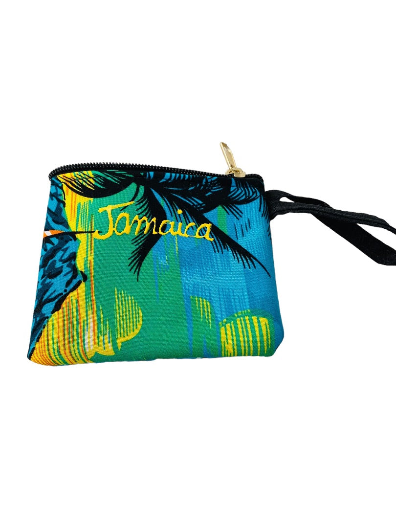 Jamaica Souvenir Small Tropical Print Fabric Wristlet Zip Top 4.75"w x 3.75"h