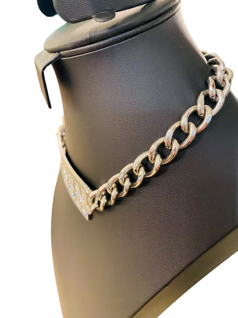 "QUEEN" Silvertone Embellished Chunky ID Style Choker Necklacce 16"