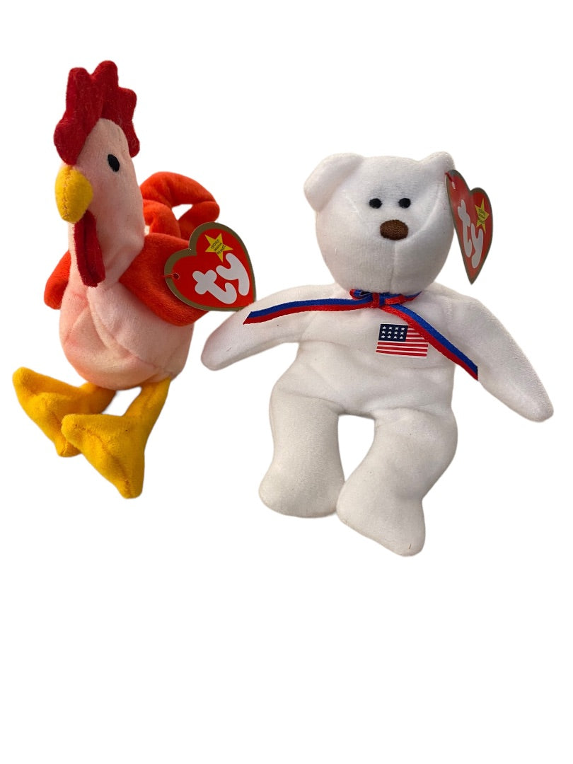 Ty Teenie Beanie Babies Strut the Rooster and Libearty the Bear 5" Plush Tgs