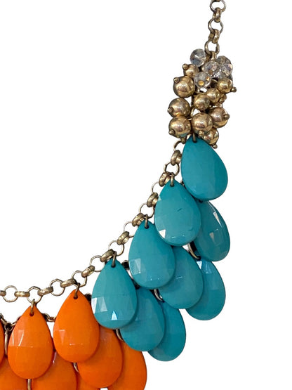 Statement Necklace Teal Coral Goldtone Funky Lays Flat Faceted Acrylic Beads