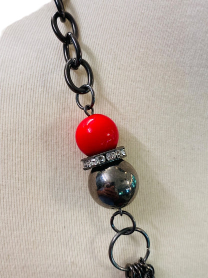 Pewter Color Layered Look Necklace Red Bead Lobster Clasp 27" Long