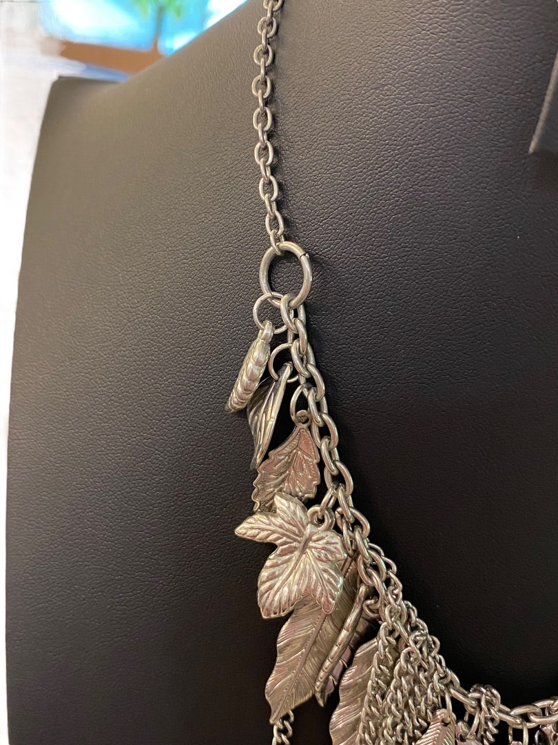 Silvertone Layered Boho Necklace Leaf and Chain Statement 16-18"