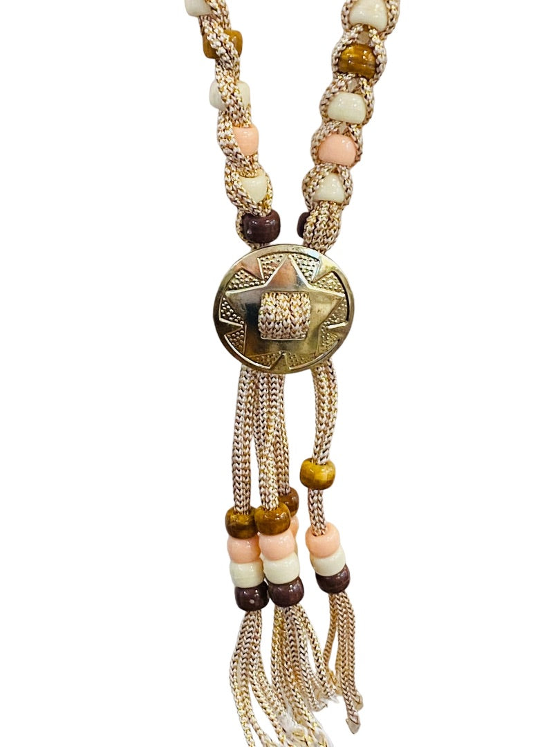 Braided Plastic Bead Necklace 32" Overhead Goldtone Pink Brown Lightweight 5" Tassel