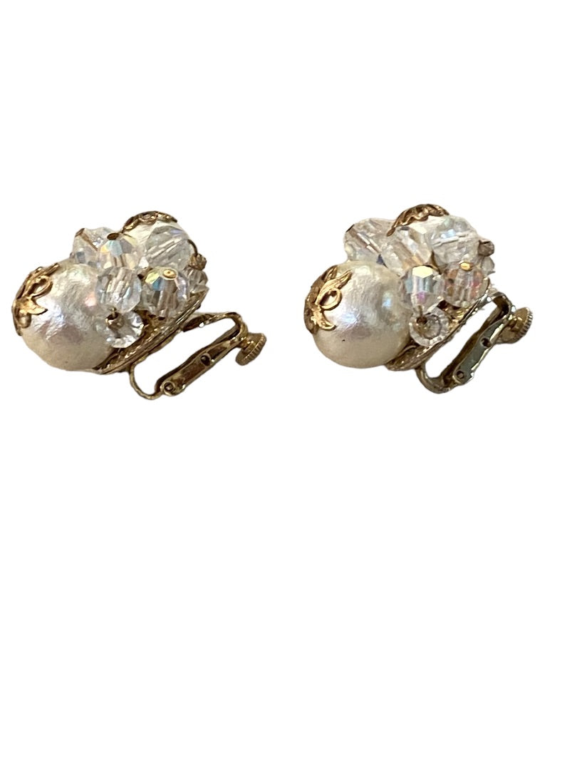 Signed Vendome Non-Pierced Clip On Earrings Vintage Aurora Borealis Faux Pearl 3/4" Diameter