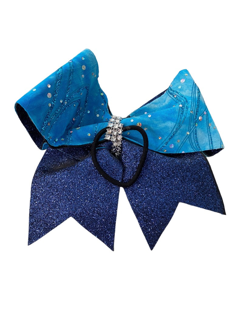 Girls Oversize Hair Bow 6.5" Elastic Ponytail Holder Blue Glitter Bejeweled