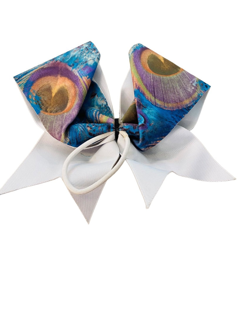 Girls Oversize Hair Bow 6.5" Elastic Ponytail Holder "Pretty as a Peacock" Multicolor