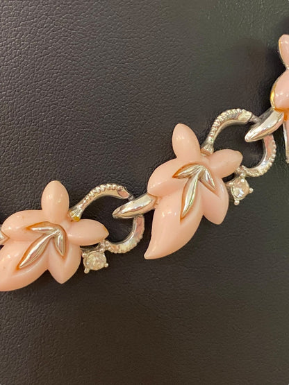 Vintage 13-15" Necklace Hook Closure Pink Plastic Leaf Silvertone
