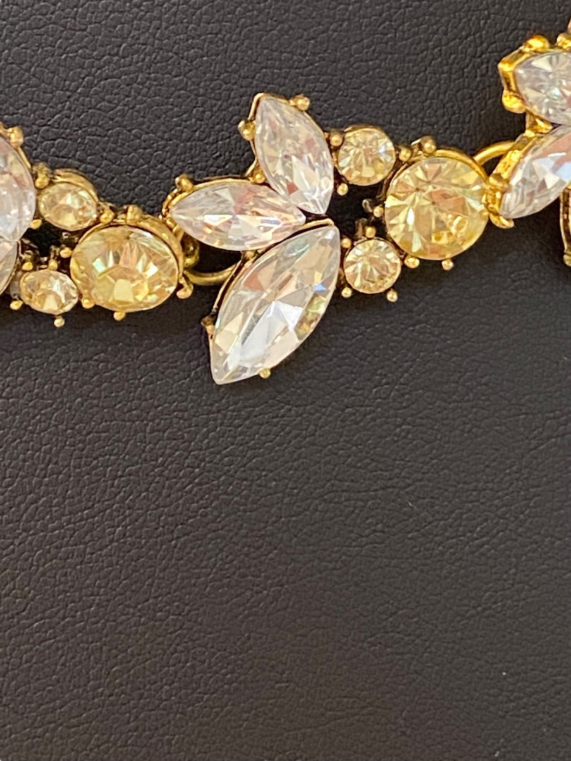 Goldtone Statement Necklace Vine Design Green Clear Faceted Jewels 16-18" Lays Flat